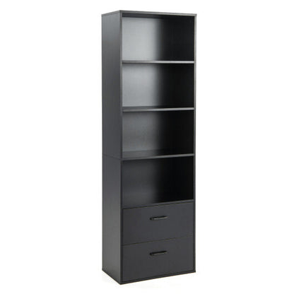 6-Tier Tall Freestanding Bookshelf with 4 Open Shelves and 2 Drawers-Black - Color: Black