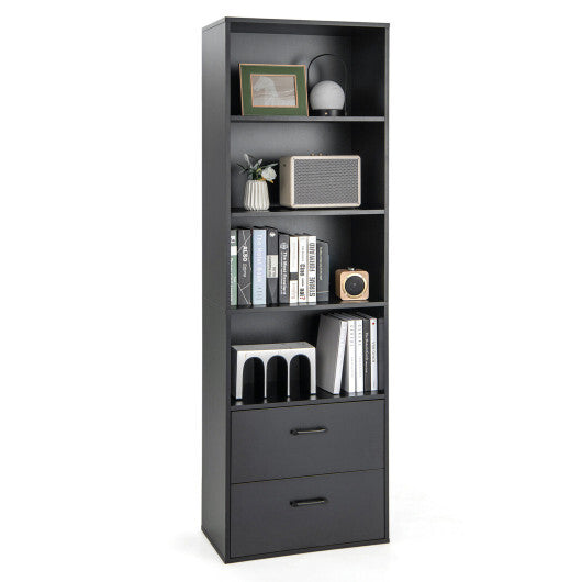 6-Tier Tall Freestanding Bookshelf with 4 Open Shelves and 2 Drawers-Black - Color: Black