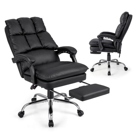 Ergonomic Adjustable Swivel Office Chair with Retractable Footrest-Black - Color: Black