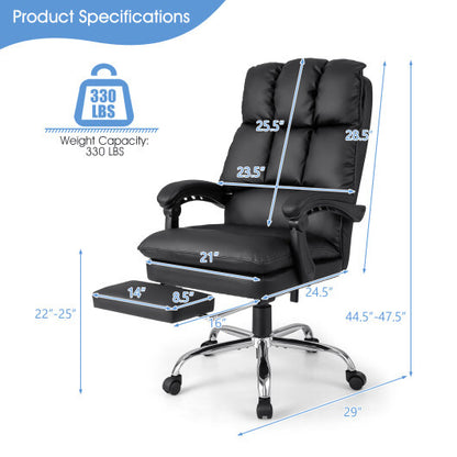 Ergonomic Adjustable Swivel Office Chair with Retractable Footrest-Black - Color: Black