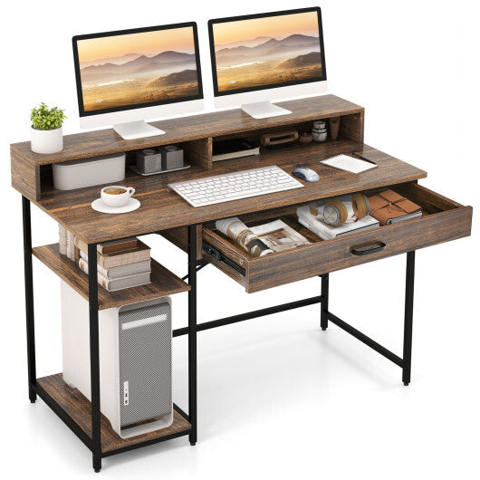 48 Inch Computer Desk with Monitor Stand Drawer and Shelves-Rustic Brown - Color: Rustic Brown