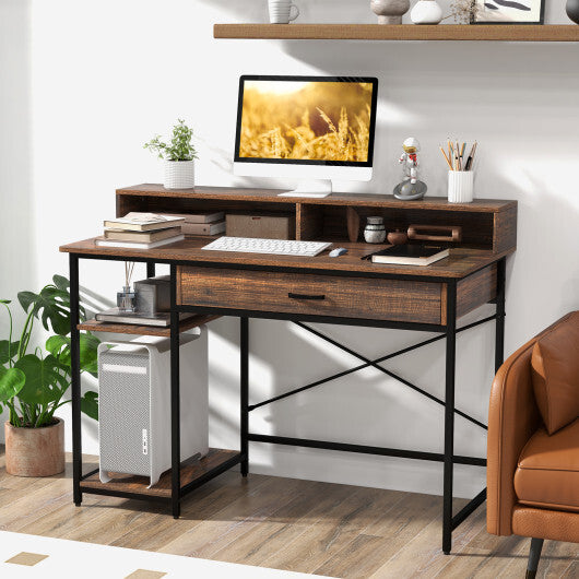 48 Inch Computer Desk with Monitor Stand Drawer and Shelves-Rustic Brown - Color: Rustic Brown