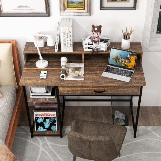 48 Inch Computer Desk with Monitor Stand Drawer and Shelves-Rustic Brown - Color: Rustic Brown