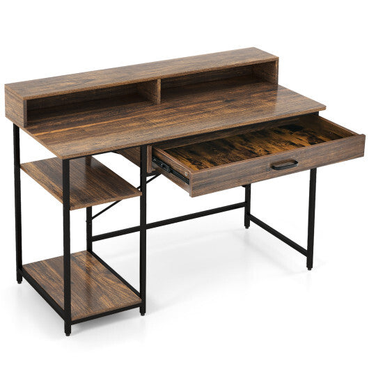 48 Inch Computer Desk with Monitor Stand Drawer and Shelves-Rustic Brown - Color: Rustic Brown