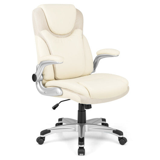 Ergonomic Office PU Leather Executive Chair with Flip-up Armrests and Rocking Function-White - Color: White