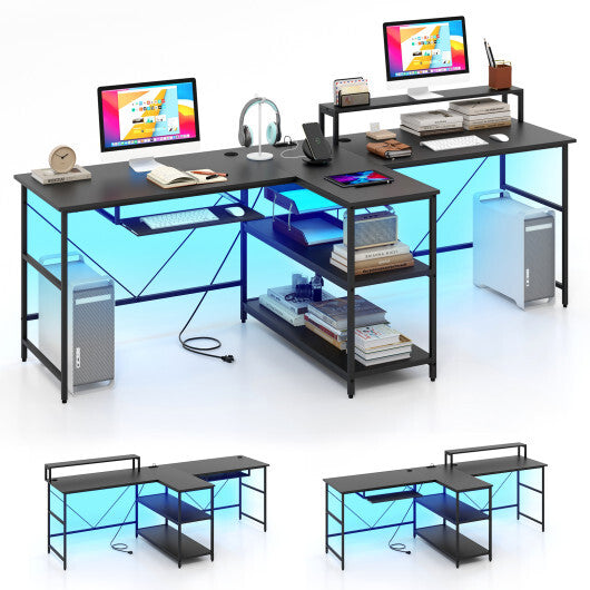 2-Person Reversible Computer Desk Long Office Desk with LED Lights-Black - Color: Black