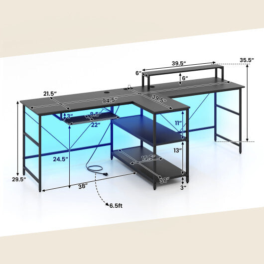 2-Person Reversible Computer Desk Long Office Desk with LED Lights-Black - Color: Black