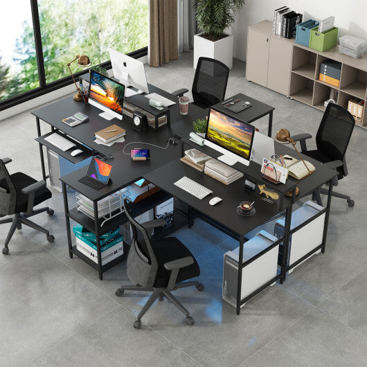 2-Person Reversible Computer Desk Long Office Desk with LED Lights-Black - Color: Black