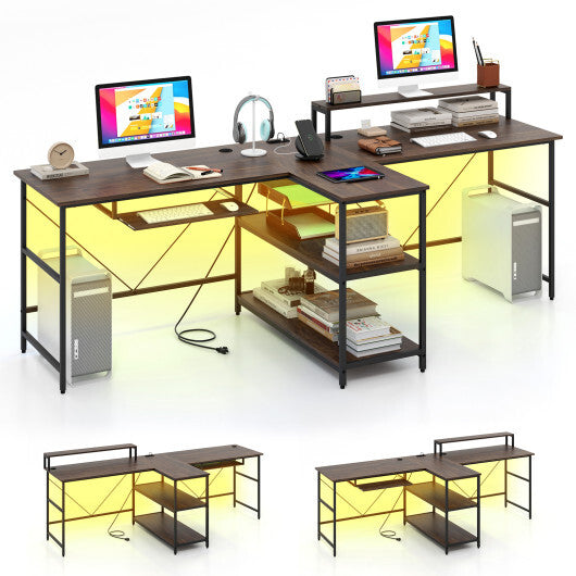 2-Person Reversible Computer Desk Long Office Desk with LED Lights-Walnut - Color: Walnut