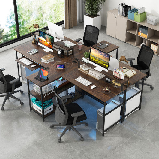 2-Person Reversible Computer Desk Long Office Desk with LED Lights-Walnut - Color: Walnut