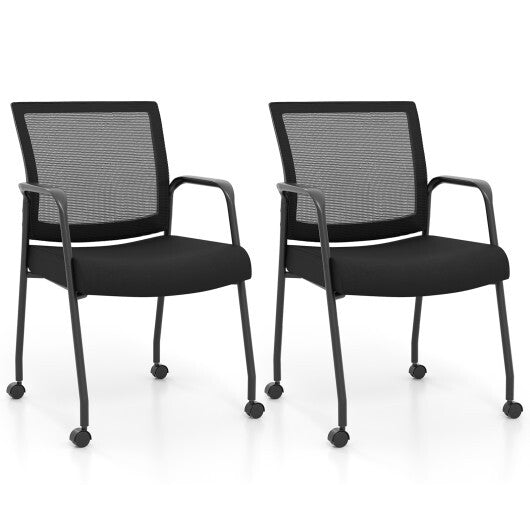 2 Pieces Office Guest Chairs on Wheels with Metal Frame and Armrests-Black - Color: Black