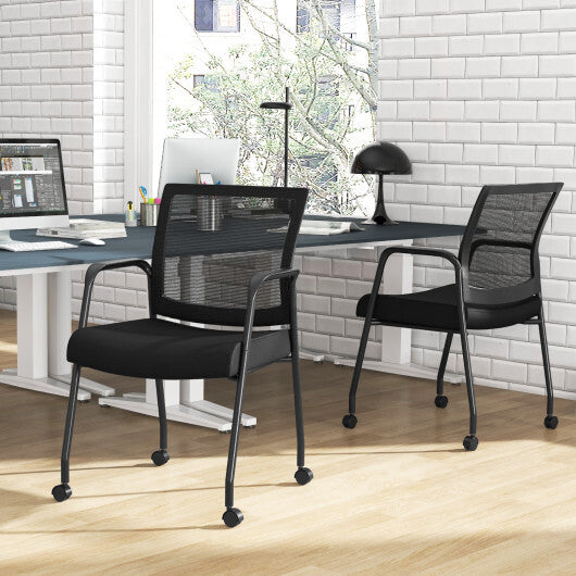 2 Pieces Office Guest Chairs on Wheels with Metal Frame and Armrests-Black - Color: Black