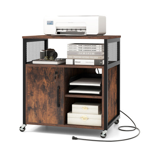 File Cabinet on Wheels with Charging Station and Cable Management Hole-Brown - Color: Brown