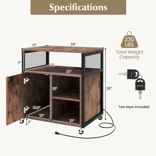 File Cabinet on Wheels with Charging Station and Cable Management Hole-Brown - Color: Brown