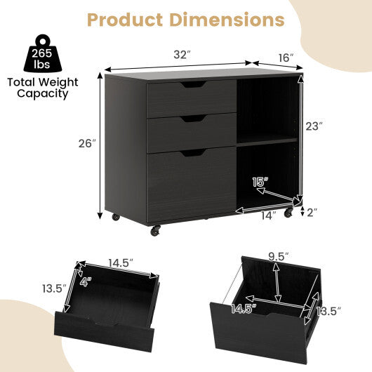 3-Drawer File Cabinet with Adjustable Shelf and Wheels for Letter-Black - Color: Black