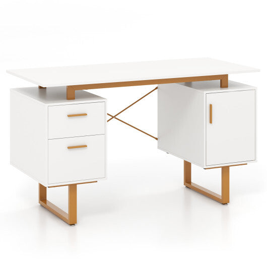 51 Inch Computer Desk with Floating Desktop and Dual Drawers-White - Color: White