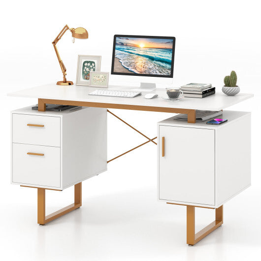 51 Inch Computer Desk with Floating Desktop and Dual Drawers-White - Color: White