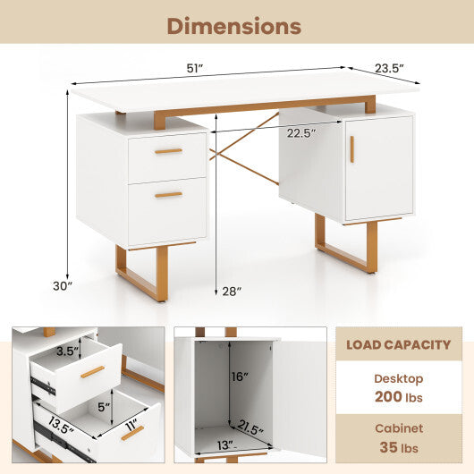 51 Inch Computer Desk with Floating Desktop and Dual Drawers-White - Color: White