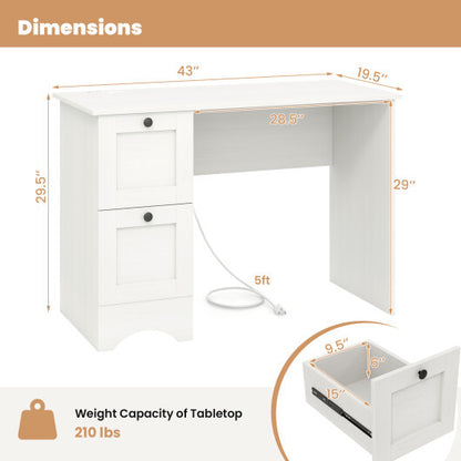 43 Inch Computer Desk with Charging Station for Living Room-White - Color: White