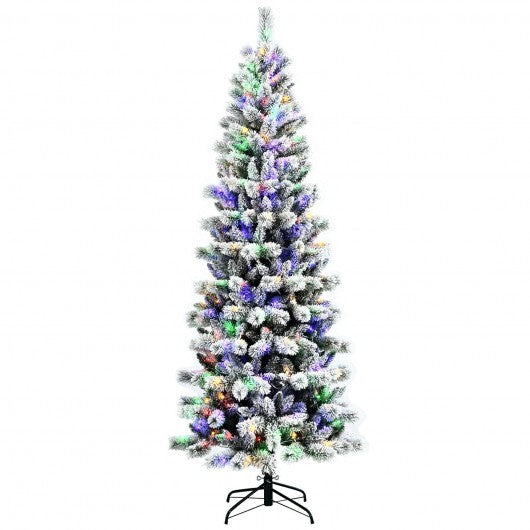 7.5 Feet Pre-Lit Hinged Christmas Tree Snow Flocked with 9 Modes Lights - Color: White - Size: 7.5 ft