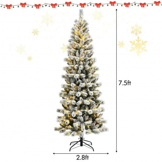 7.5 Feet Pre-Lit Hinged Christmas Tree Snow Flocked with 9 Modes Lights - Color: White - Size: 7.5 ft