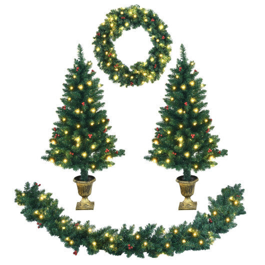 4 Pieces Christmas Decoration Set with Garland Wreath and Entrance Trees - Color: Green - Size: 4 ft