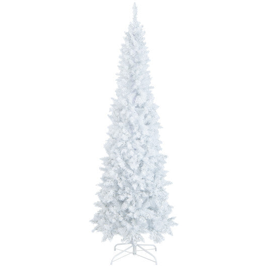 7 Feet Pre-Lit Hinged Pencil Christmas Tree White with 300 LED Lights and 8 Flash Modes - Color: White - Size: 7 ft