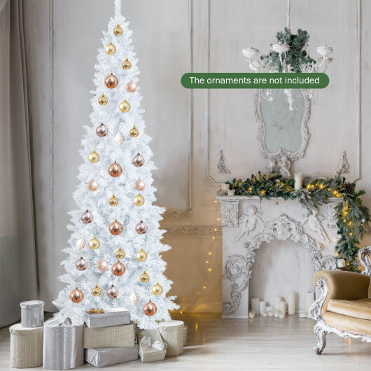 7 Feet Pre-Lit Hinged Pencil Christmas Tree White with 300 LED Lights and 8 Flash Modes - Color: White - Size: 7 ft