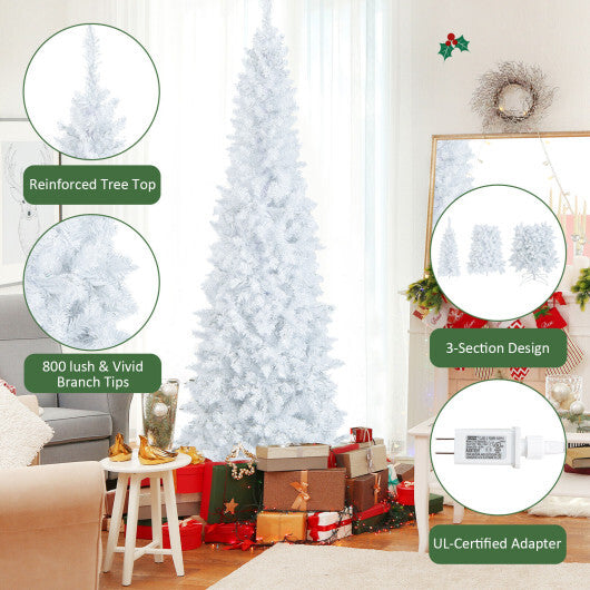 7 Feet Pre-Lit Hinged Pencil Christmas Tree White with 300 LED Lights and 8 Flash Modes - Color: White - Size: 7 ft