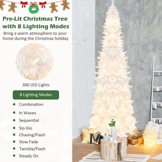 7 Feet Pre-Lit Hinged Pencil Christmas Tree White with 300 LED Lights and 8 Flash Modes - Color: White - Size: 7 ft