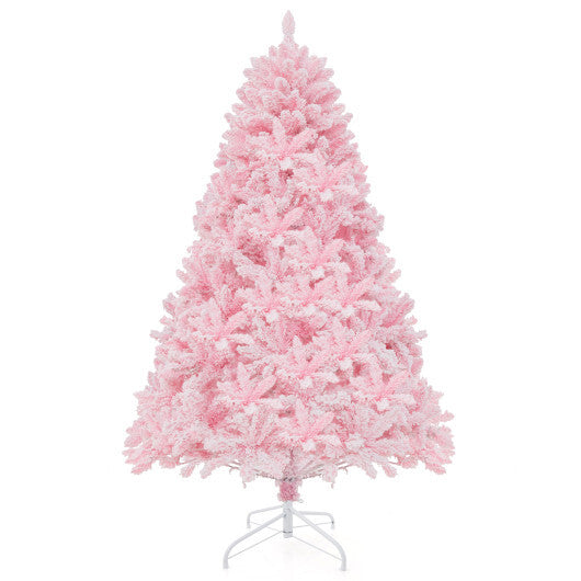 6 FT Flocked Artificial Xmas Tree Hinged with 350 LED Lights - Color: Pink - Size: 6 ft