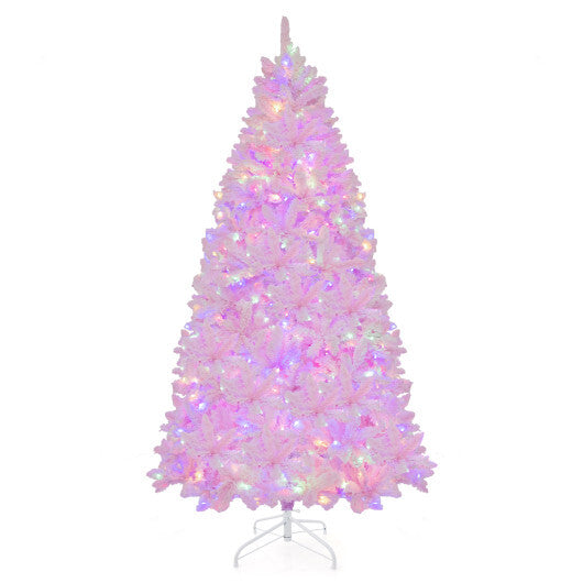 7 Feet Flocked Artificial Christmas Tree with 500 LED Lights and 1200 Branches - Color: Pink - Size: 7 ft