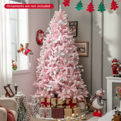 7 Feet Flocked Artificial Christmas Tree with 500 LED Lights and 1200 Branches - Color: Pink - Size: 7 ft