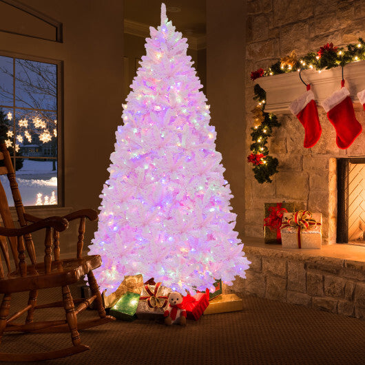 7 Feet Flocked Artificial Christmas Tree with 500 LED Lights and 1200 Branches - Color: Pink - Size: 7 ft