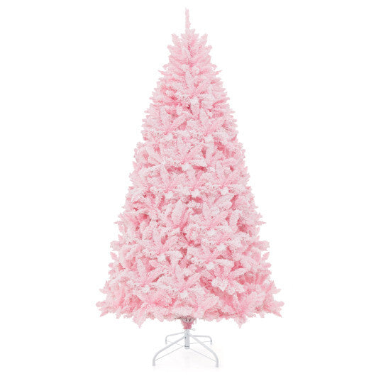 7 Feet Flocked Artificial Christmas Tree with 500 LED Lights and 1200 Branches - Color: Pink - Size: 7 ft