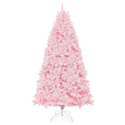 7 Feet Flocked Artificial Christmas Tree with 500 LED Lights and 1200 Branches - Color: Pink - Size: 7 ft