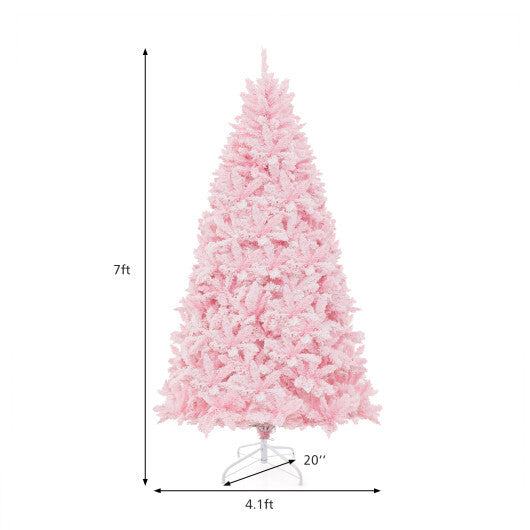 7 Feet Flocked Artificial Christmas Tree with 500 LED Lights and 1200 Branches - Color: Pink - Size: 7 ft