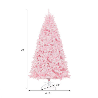 7 Feet Flocked Artificial Christmas Tree with 500 LED Lights and 1200 Branches - Color: Pink - Size: 7 ft