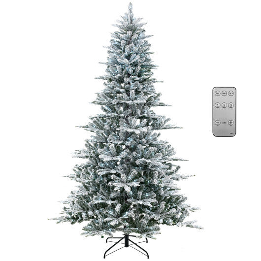 8 Feet Snow Flocked Artificial Christmas Tree with Cool White LED Lights - Color: Green - Size: 8 ft