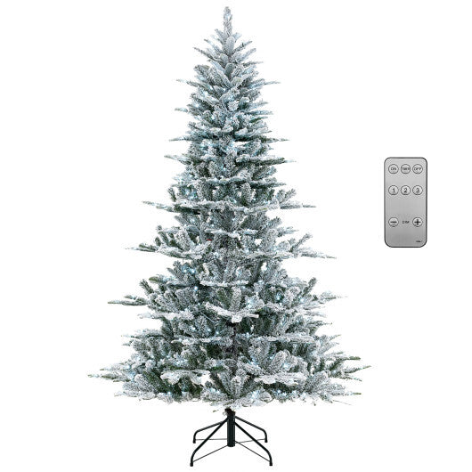 7 Feet Snow Flocked Artificial Christmas Tree with Cool White LED Lights - Color: Green - Size: 7 ft