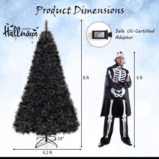 6/7/8 Feet Black Artificial Halloween Christmas Tree with PVC Branch Tips and 210/320/450 Cool White LED Lights-L - Color: Black - Size: 8 ft