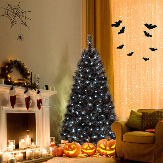 6/7/8 Feet Black Artificial Halloween Christmas Tree with PVC Branch Tips and 210/320/450 Cool White LED Lights-S - Color: Black - Size: 6 ft