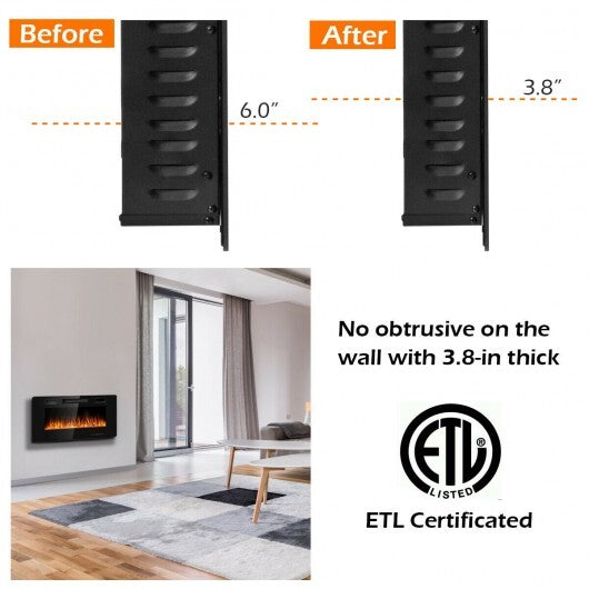 36 Inch Ultra Thin Wall Mounted Electric Fireplace - Color: Black - Size: 36 inches