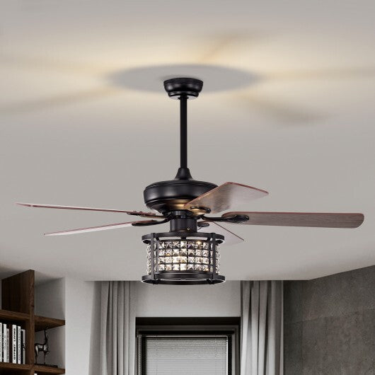 52 Inch 3-Speed Crystal Ceiling Fan Light with Remote Control-Black - Color: Black