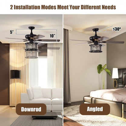 52 Inch 3-Speed Crystal Ceiling Fan Light with Remote Control-Black - Color: Black