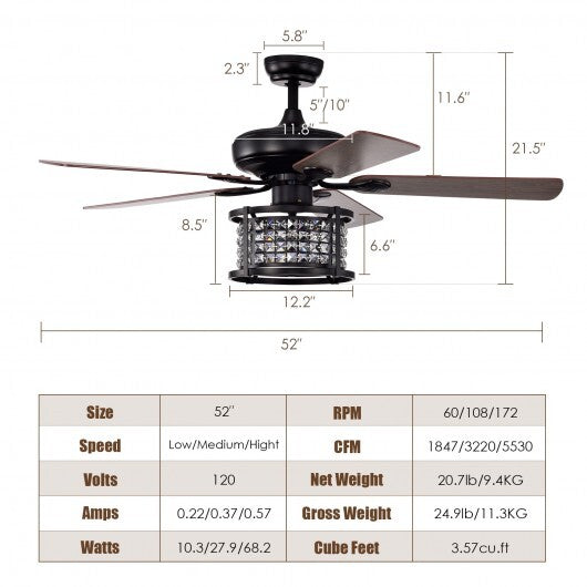 52 Inch 3-Speed Crystal Ceiling Fan Light with Remote Control-Black - Color: Black