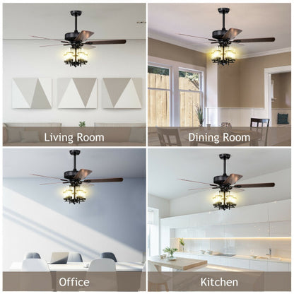 50 Inch Noiseless Ceiling Fan Light with Explosion-proof Glass Lampshades-Black - Color: Black