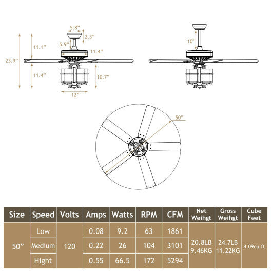 50 Inch Noiseless Ceiling Fan Light with Explosion-proof Glass Lampshades-Black - Color: Black