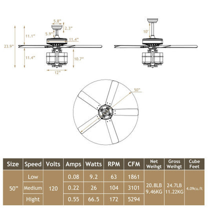 50 Inch Noiseless Ceiling Fan Light with Explosion-proof Glass Lampshades-Black - Color: Black