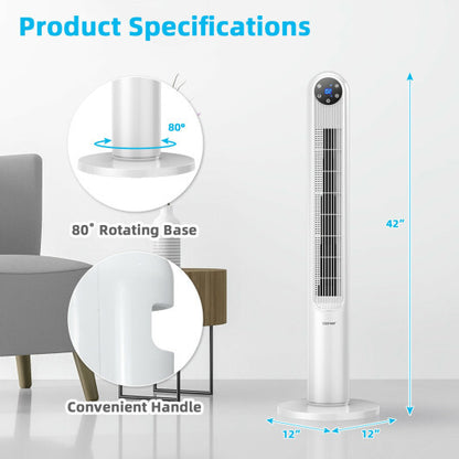 42 Inch 80 Degree Tower Fan with Smart Display Panel and Remote Control-White - Color: White